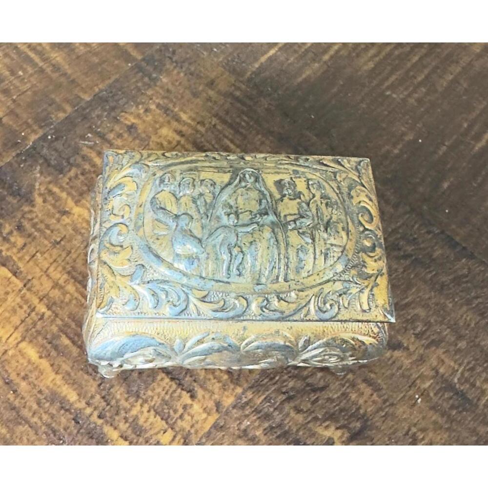 Vintage Metal Trinket Box, Red Lining, Footed